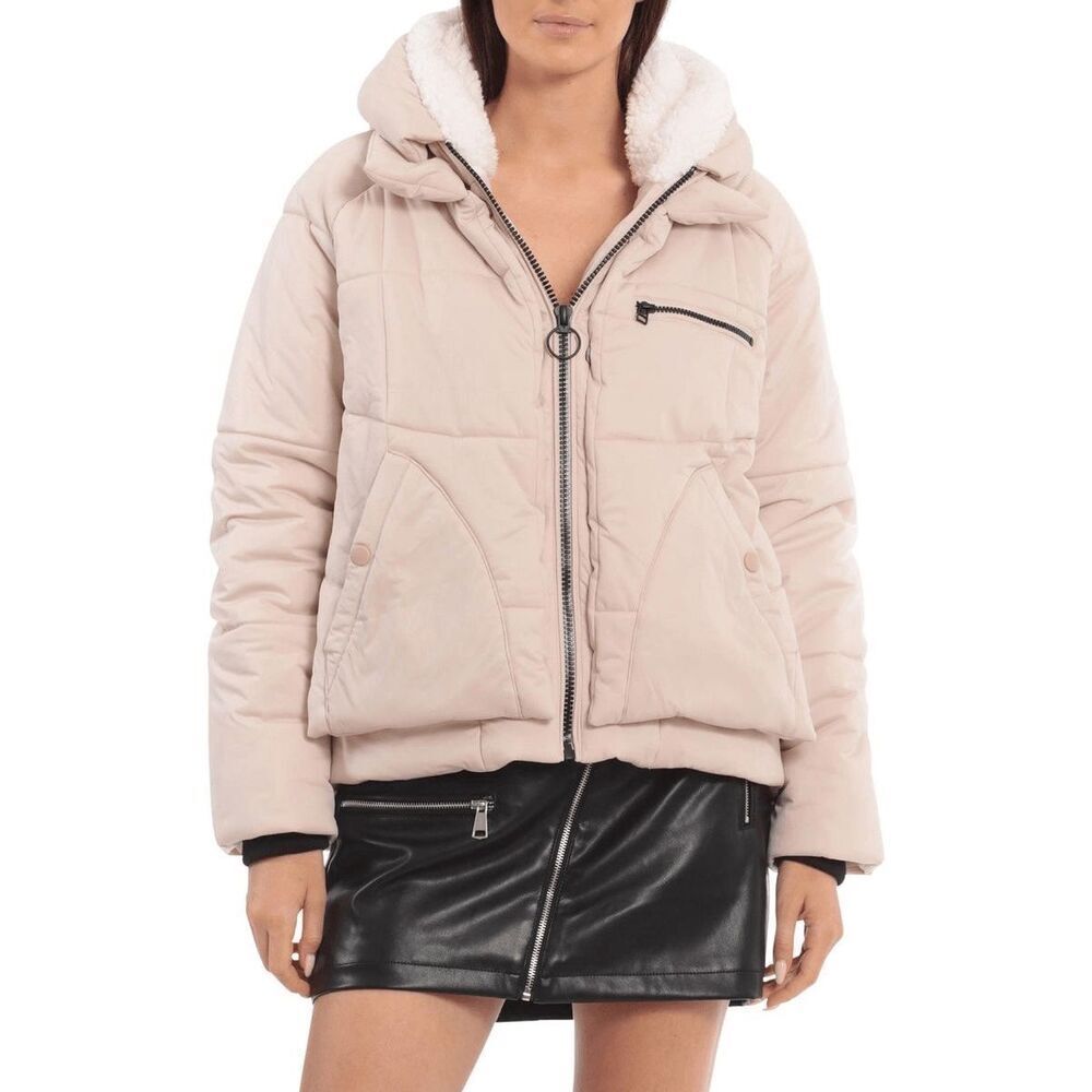 Avec Les Filles Women’s Beige Puffer Jacket Sherpa Lined Hood Size XS